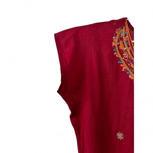 Embroidered Burgundy Kurti Midi Dress Cap Sleeves Floral Detail Size M‎ - L - Picture 4 of 6